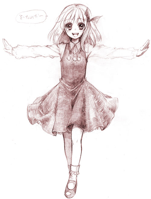 bobby_socks dress graphite_(medium) hair_ribbon is_that_so mary_janes monochrome open_mouth outstretched_arms ribbon rumia shoes sketch smile socks solo spread_arms touhou traditional_media usaki_(ama)
