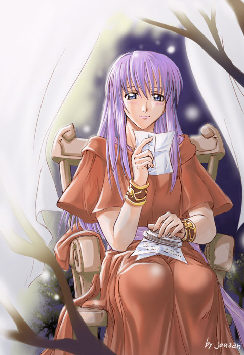 ancient_ys_vanished artist_name bangs blue_eyes bracelet branch chair dress holding jewelry letter light_smile long_hair paper purple_hair reading reah_(ys) red_dress short_sleeves solo wide_sleeves xiacheng_tatsuya ys