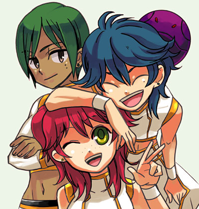 2boys artist_request bad_haro brother_and_sister brothers freckles gundam gundam_00 haro johann_trinity lowres michael_trinity multiple_boys nena_trinity one_eye_closed red_hair siblings two_side_up v yellow_eyes