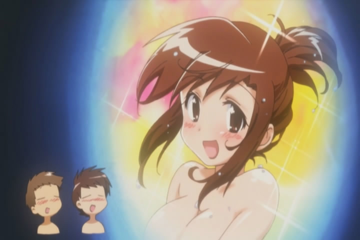 2boys :d blush breasts brown_eyes brown_hair cleavage glint large_breasts looking_at_viewer multiple_boys nude open_mouth out-of-frame_censoring potemayo screencap sidelocks smile takamimori_kyou