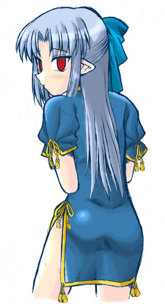 artist_request blue_hair blush china_dress chinese_clothes dress from_behind half_updo len looking_back melty_blood pointy_ears red_eyes side_slit solo tsukihime
