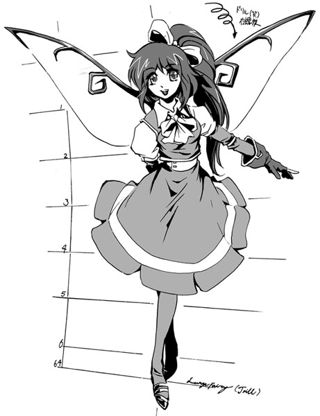 arm_behind_back bow daiyousei dress gloves greyscale hair_bow long_hair monochrome neck_ribbon outstretched_arm pantyhose ponytail ribbon smile solo touhou wi-z_garage wings