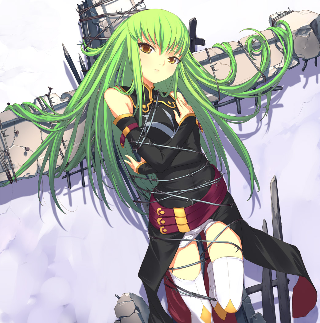 bangs bound c.c. code_geass cross detached_sleeves green_hair long_hair solo thighhighs tied_up uni yellow_eyes
