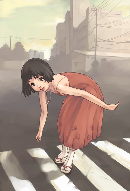 banned_artist black_eyes black_hair crosswalk dress jewelry leaning_forward necklace open_mouth original power_lines red_dress road sandals short_hair solo studioqube tabi