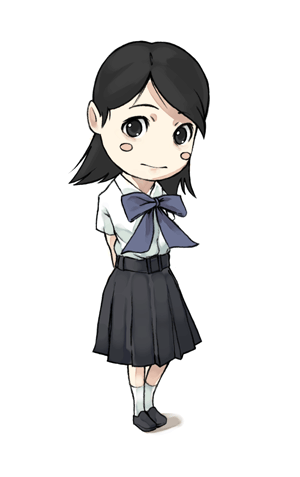 arms_behind_back banned_artist belt black_skirt blue_bow blue_neckwear blush bow bowtie chibi looking_at_viewer lowres original pleated_skirt school_uniform shirt short_hair simple_background skirt solo studioqube white_background white_shirt
