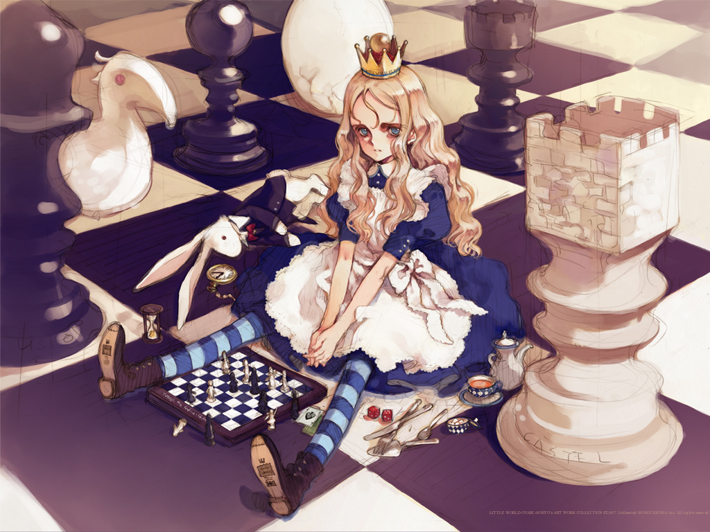 alice_(wonderland) alice_in_wonderland blonde_hair blue_eyes board_game boots bunny card chess crown dice egg fork hourglass knife living_piece long_hair lying_card ooyari_ashito original pocket_watch queen spoon striped striped_legwear tea thighhighs watch white_rabbit