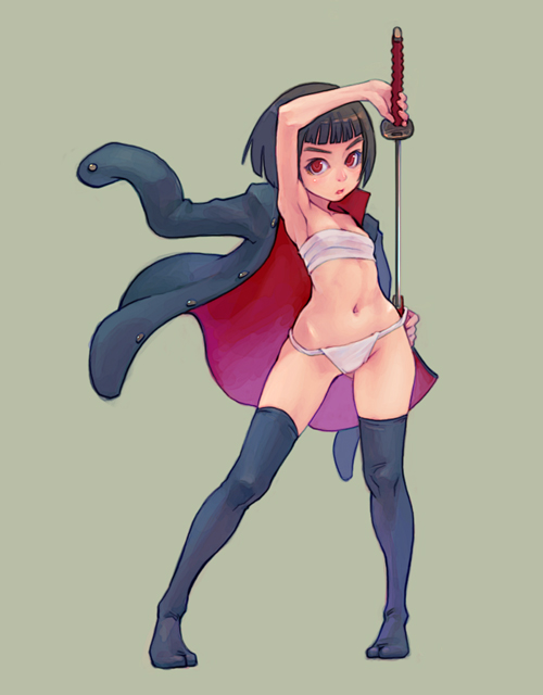 armpits brown_hair cape copyright_request fundoshi jacket jacket_on_shoulders japanese_clothes katana midriff navel red_eyes sarashi short_hair simple_background solo standing sword thighhighs weapon weno