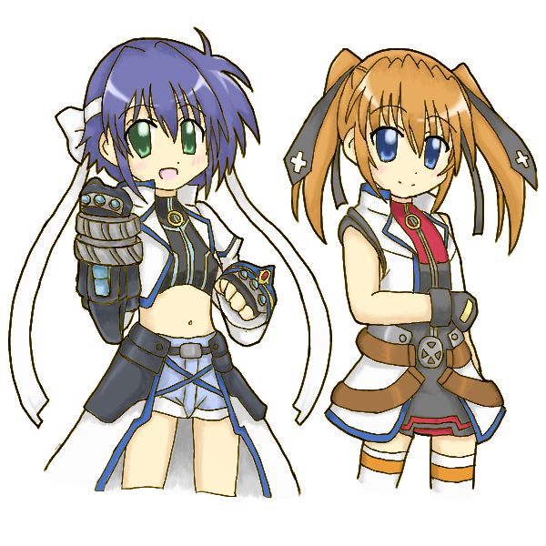 artist_request belt black_gloves blue_eyes blue_hair buckle clenched_hands fingernails gauntlets gloves green_eyes looking_at_viewer lyrical_nanoha mahou_shoujo_lyrical_nanoha_strikers multiple_girls navel orange_hair revolver_knuckle short_hair shorts simple_background subaru_nakajima teana_lanster twintails waist_cape white_background