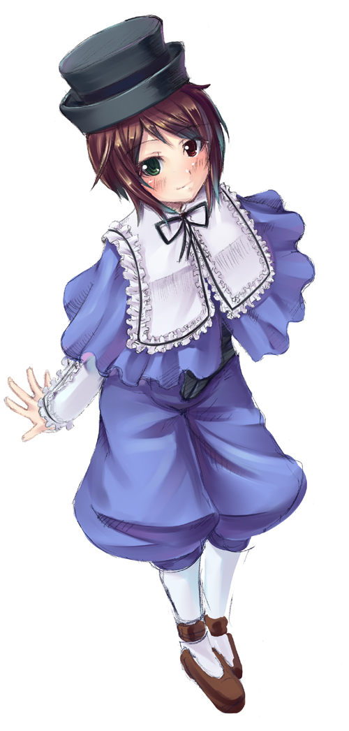 asa_(swallowtail) bangs black_hat blue_dress blush bow brown_hair capelet collar dress eyebrows_visible_through_hair frills full_body green_eyes hat heterochromia legs_together looking_at_viewer outstretched_arms pantyhose red_eyes rozen_maiden shoes short_hair simple_background smile solo souseiseki spread_fingers standing tareme top_hat white_background white_legwear
