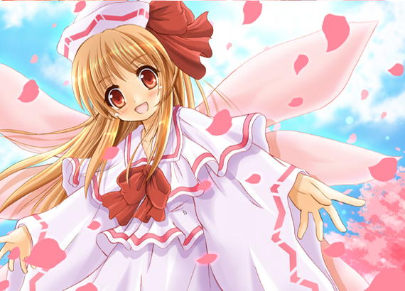 blue_sky bow bowtie capelet cherry_blossoms cloud day dress fairy fairy_wings frills hat kawai_kei_(artist) lily_white long_sleeves looking_at_viewer outstretched_arms petals red_bow red_neckwear sky solo tate_eboshi touhou white_dress wings
