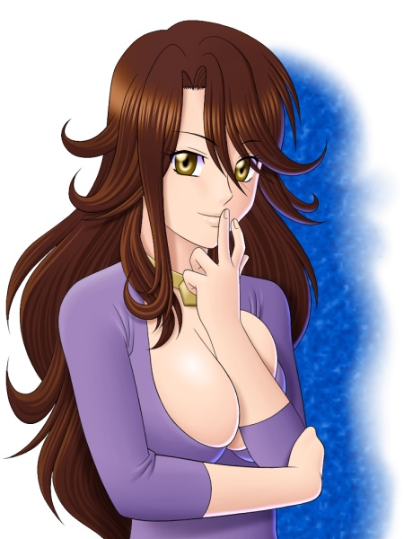 bracelet breasts brown_hair cleavage closed_mouth curly_hair finger_to_mouth gundam gundam_00 haru_(hall) jewelry large_breasts long_hair long_sleeves looking_at_viewer smile solo sumeragi_lee_noriega sweater very_long_hair yellow_eyes