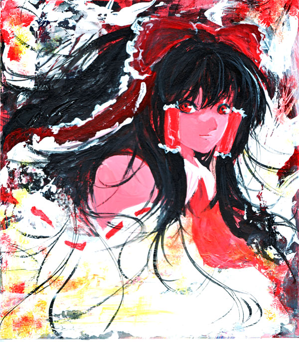 bare_shoulders black_hair bow closed_mouth collar detached_sleeves expressionless hair_bow hair_tubes hakurei_reimu long_sleeves looking_at_viewer red_bow red_eyes red_skin sidelocks solo touhou tsurukame upper_body vest