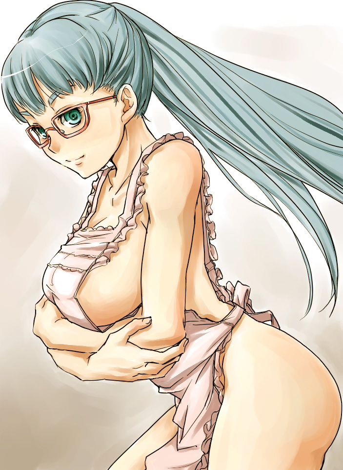 apron copyright_request glasses green_eyes green_hair long_hair mishima_hiroji naked_apron ponytail solo