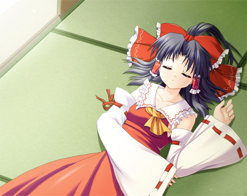 armpits ascot bare_shoulders black_hair bow closed_eyes collar collarbone detached_sleeves dress from_above hair_bow hair_tubes hakurei_reimu long_sleeves lying maroppe on_back ponytail red_bow red_dress ribbon-trimmed_sleeves ribbon_trim sidelocks sleeping solo tatami touhou