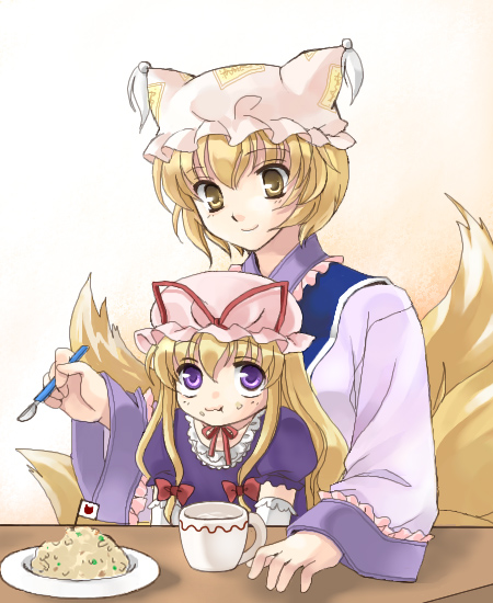 blonde_hair coco_(artist) cup eating food food_on_face fox_tail frills hat hat_ribbon height_difference lolikari long_hair long_sleeves looking_at_viewer mob_cap motherly multiple_girls multiple_tails pillow_hat ribbon short_hair short_sleeves tabard table tail tassel time_paradox touhou upper_body wide_sleeves yakumo_ran yakumo_yukari younger