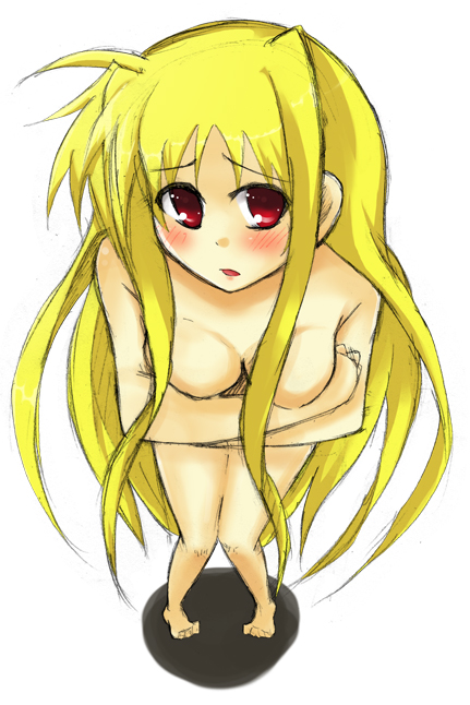 blonde_hair blush covering fate_testarossa from_above long_hair lyrical_nanoha mahou_shoujo_lyrical_nanoha_strikers mukunoki_nanatsu nude perspective red_eyes solo very_long_hair