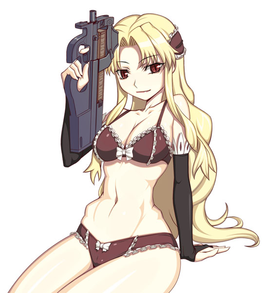 bra breasts bullpup caryo cleavage coyote_ragtime_show gun january_(coyote_ragtime_show) large_breasts lingerie nanashino narrow_waist p90 panties solo submachine_gun underwear underwear_only weapon