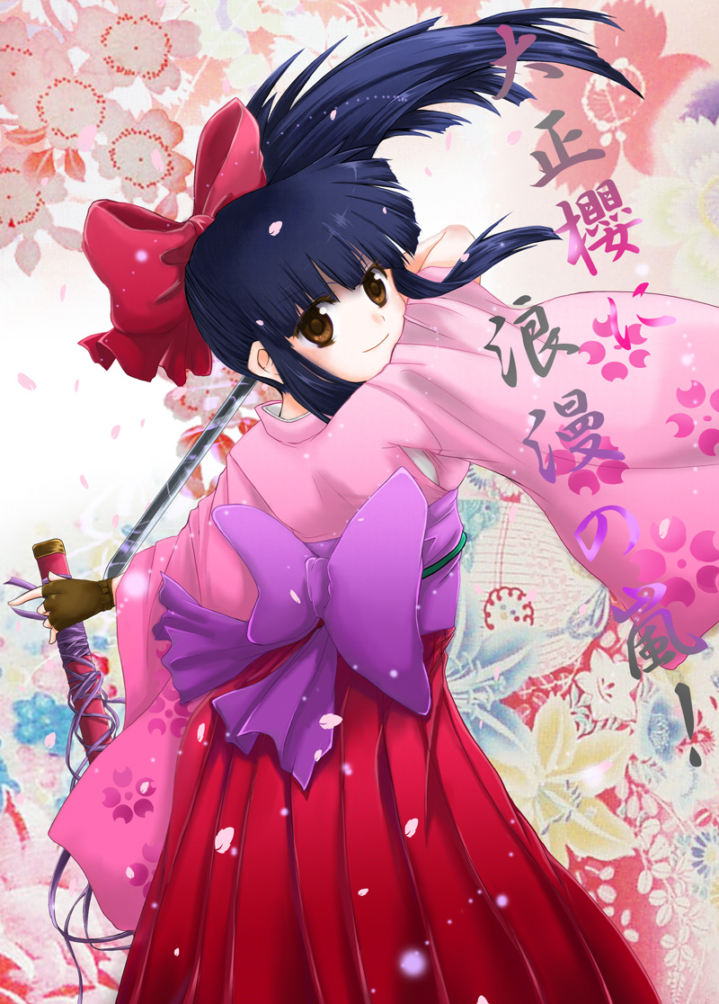 black_hair bow brown_eyes fingerless_gloves gloves hoshina_(diamond) japanese_clothes katana kimono long_hair red_bow sakura_taisen shinguuji_sakura solo sword weapon