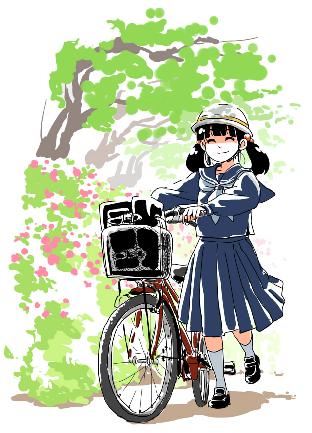 bag bicycle bicycle_basket black_footwear blue_skirt bookbag closed_eyes full_body ground_vehicle hair_bobbles hair_ornament hat loafers long_sleeves mitsumoto_jouji navy_blue_serafuku neckerchief original outdoors plant pleated_skirt school_bag school_hat school_uniform serafuku shoes skirt smile socks solo twintails walking white_legwear