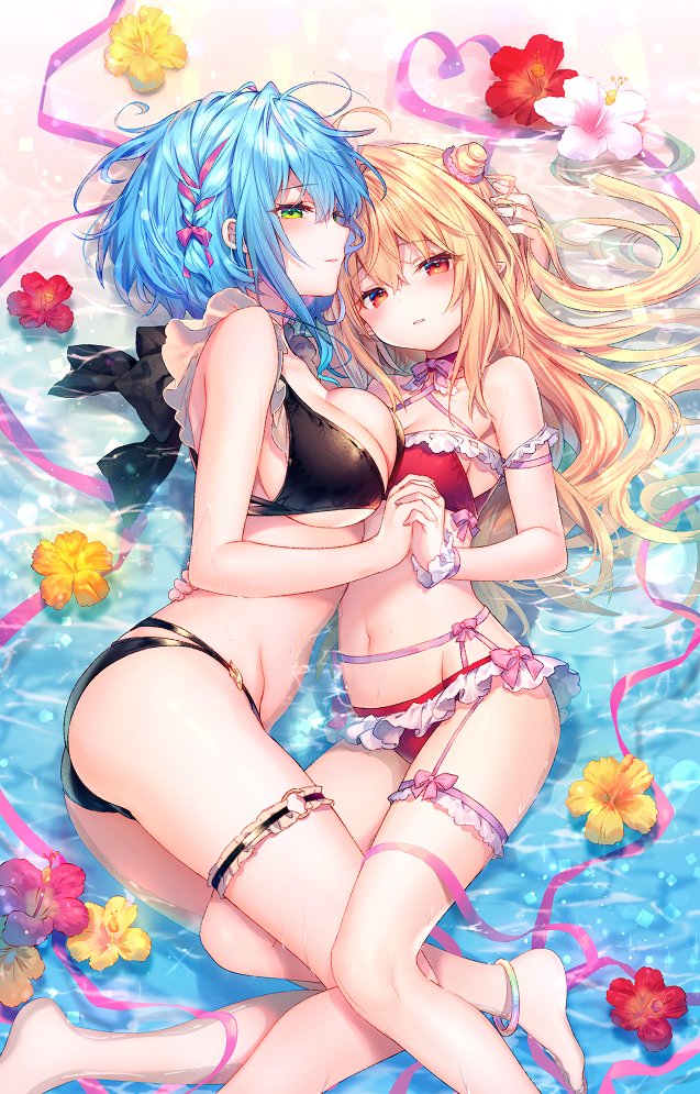 2girls ass asymmetrical_docking bare_arms bare_shoulders beach bikini black_bikini blonde_hair blue_hair breast_press breasts bridal_garter caustics choker cleavage commentary_request criss-cross_halter day flower frills garter_straps green_eyes groin halterneck hibiscus hikikomari_kyuuketsuki_no_monmon holding_hands large_breasts leg_between_thighs long_hair looking_at_viewer lying medium_breasts multiple_girls navel parted_lips pink_ribbon pointy_ears red_bikini red_eyes ribbon riichu short_hair stomach sunlight swimsuit terakomari_gandezblood thighs villhaze water wet yuri