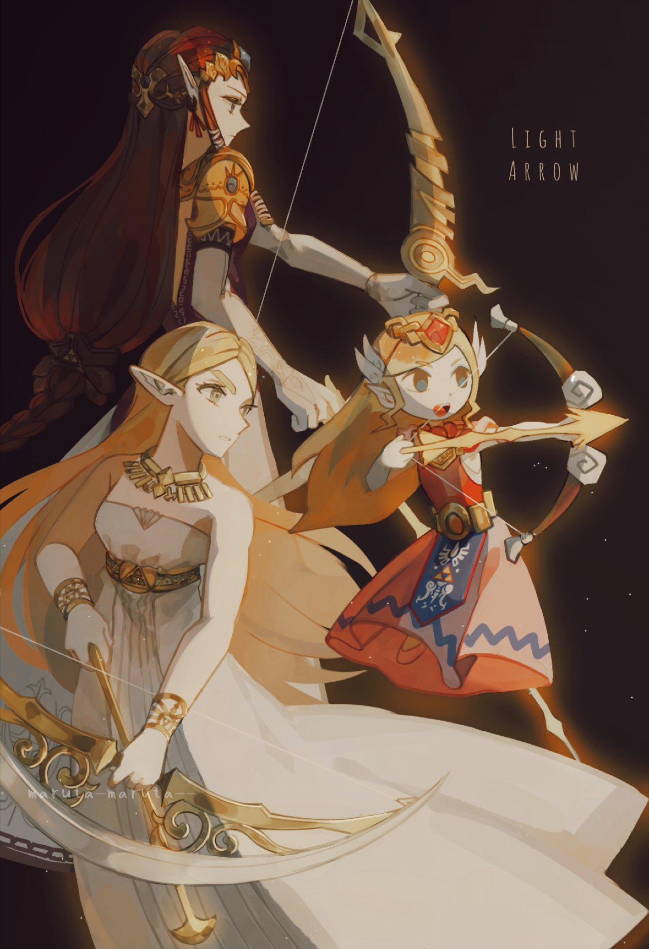 3girls armor arrow_(projectile) bare_shoulders blonde_hair bow_(weapon) bracelet brown_hair closed_mouth commentary_request dress elbow_gloves english_text floating_hair gloves green_eyes hair_ornament highres holding holding_bow_(weapon) holding_weapon jewelry long_dress long_hair looking_at_viewer maruta_maruta multiple_girls necklace open_mouth pauldrons pink_dress pointy_ears princess_zelda profile shoulder_armor strapless strapless_dress teeth the_legend_of_zelda the_legend_of_zelda:_breath_of_the_wild the_legend_of_zelda:_the_wind_waker the_legend_of_zelda:_twilight_princess triforce_print twitter_username upper_teeth_only very_long_hair weapon white_dress white_gloves