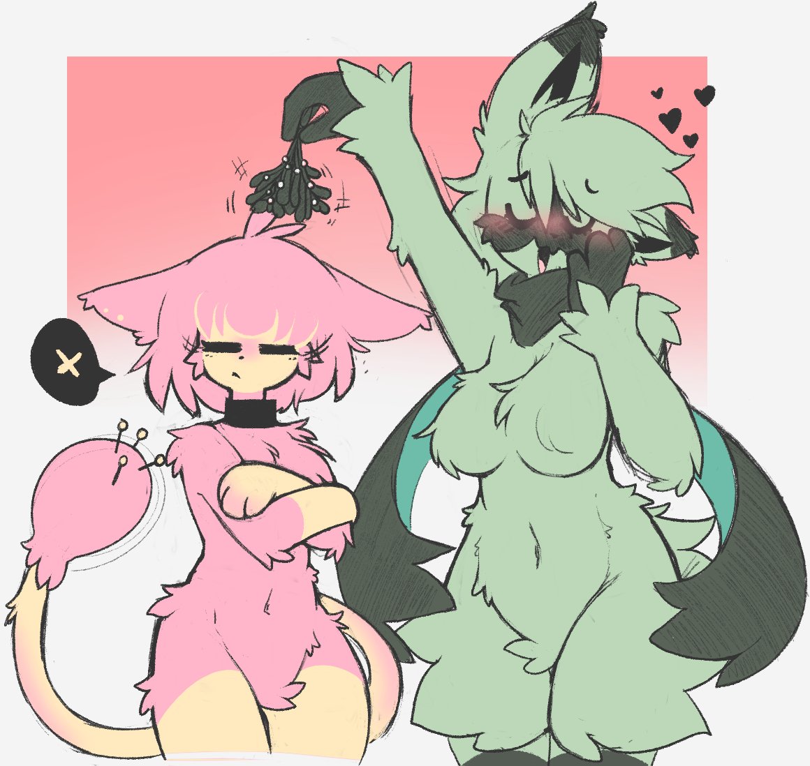 &lt;3 annoyed anthro big_breasts blush breast_size_difference breasts caeleste duo eyes_closed featureless_breasts featureless_crotch female floragato fluffy fluffy_breasts fur generation_3_pokemon generation_9_pokemon green_body green_fur mistletoe motion_lines navel nintendo open_mouth pink_body pink_fur plant pokemon pokemon_(species) pouting skitty smile standing tan_body tan_fur thick_thighs wide_hips