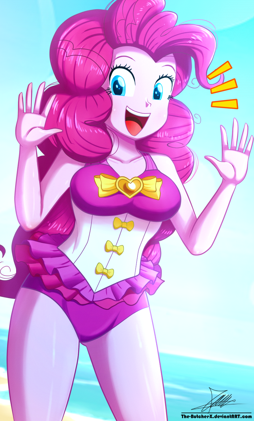 1girl artist_request blue_eyes breasts day highres long_hair looking_at_viewer medium_breasts my_little_pony my_little_pony:_equestria_girls my_little_pony:_friendship_is_magic one-piece_swimsuit open_mouth pink_hair pink_one-piece_swimsuit pinkie_pie smile solo swimsuit