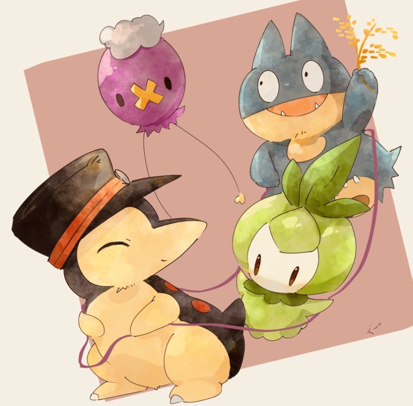 animal_focus black_headwear brown_background brown_eyes closed_eyes colored_skin commentary_request cyndaquil drifloon fangs green_skin hat munchlax no_humans open_mouth petilil pokemon pokemon_(creature) solid_oval_eyes white_background zozozoshion
