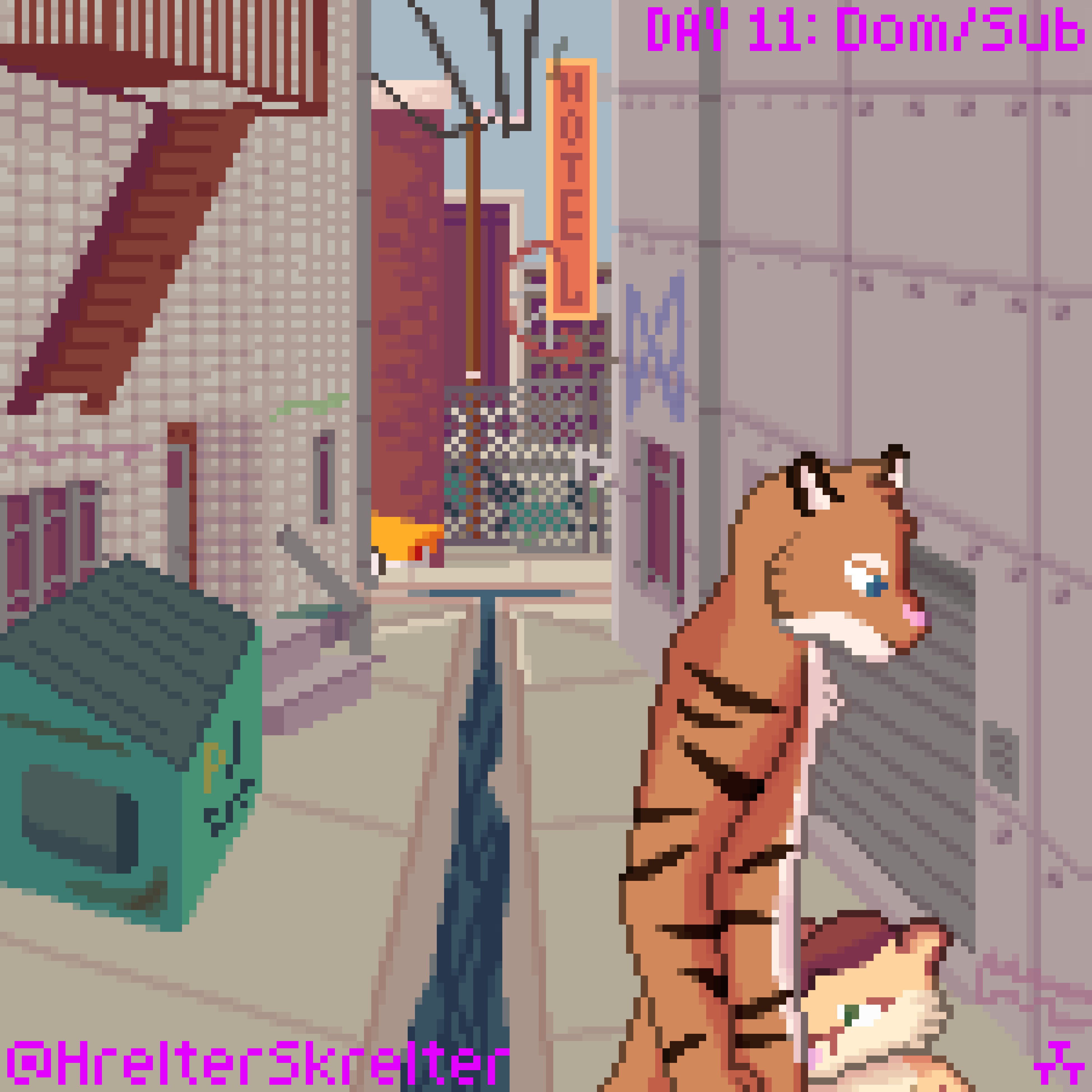 1:1 absurd_res alley anthro cheetah dominant duo felid feline female hi_res hrelterskrelter male male/female mammal pantherine stripes submissive tiger