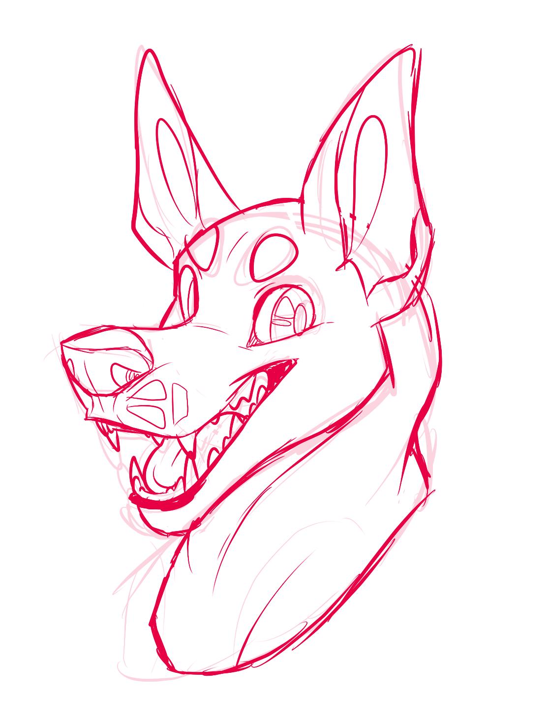 2019 ambiguous_form ambiguous_gender canid canine canis circle_eyebrows digital_drawing_(artwork) digital_media_(artwork) dobermann domestic_dog eyebrows fangs headshot_portrait hi_res looking_at_viewer maligaytor mammal monochrome open_mouth open_smile pinscher portrait prick_ears red_and_white simple_background sketch smile snout solo teeth tongue white_background