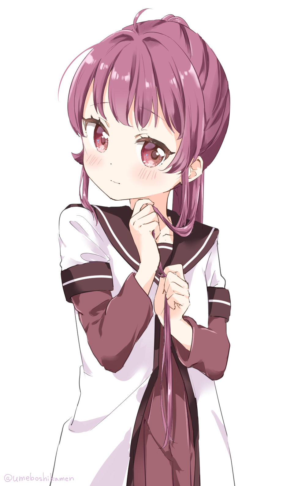 1girl ahoge blush brown_sailor_collar closed_mouth commentary dress hands_up highres holding holding_hair looking_to_the_side mearian nanamori_school_uniform purple_eyes purple_hair red_dress sailor_collar school_uniform shirt shy simple_background solo sugiura_ayano twitter_username white_background white_shirt yuru_yuri