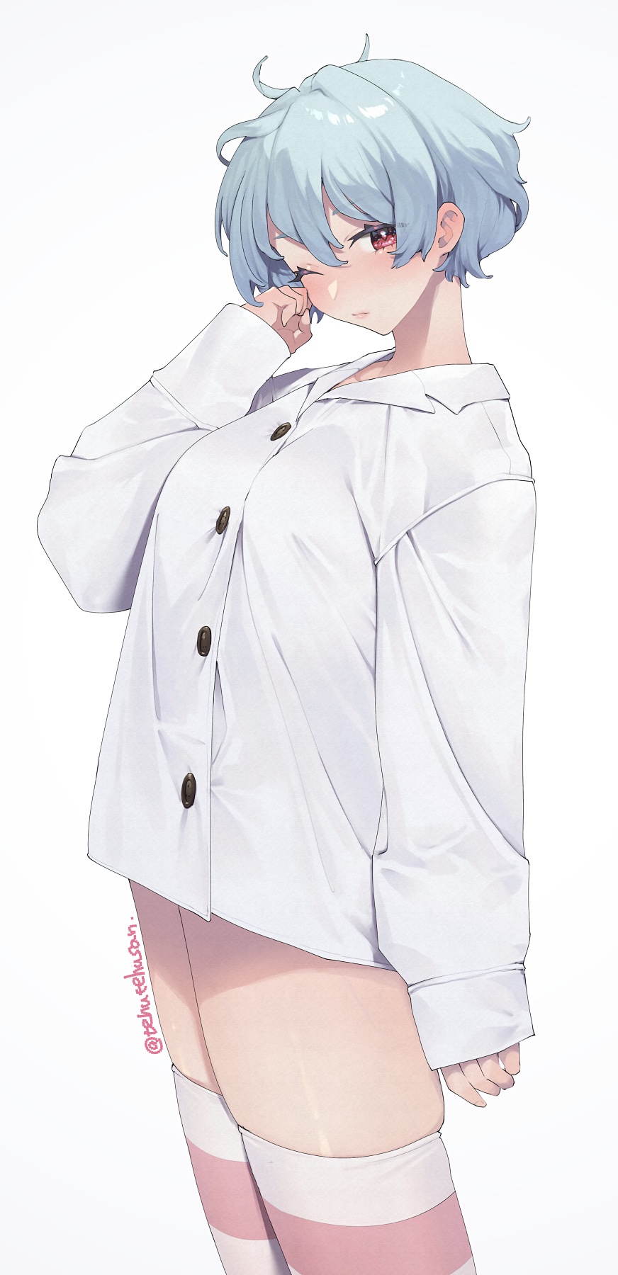 1girl baggy_clothes blue_hair blush breasts button_up_skirt collared_shirt from_side highres large_breasts long_sleeves looking_at_viewer murata_tefu no_pants one_eye_closed original pajamas red_eyes rubbing_eyes shirt short_hair simple_background skindentation sleepy sparkling_eyes striped striped_thighhighs thighhighs white_background white_pajamas