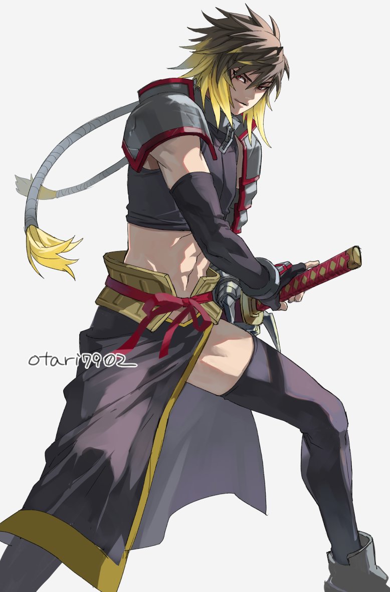 1boy abs albel_nox armor blonde_hair brown_hair closed_mouth crop_top gloves holding holding_sword holding_weapon indesign looking_at_viewer male_focus midriff multicolored_hair muscular muscular_male red_eyes shoulder_armor simple_background smile solo star_ocean star_ocean_till_the_end_of_time sword thighhighs weapon white_background