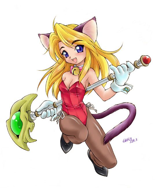:d animal_ears bell bell_collar black_footwear blonde_hair blue_eyes blush breasts brown_legwear cat_ears cleavage collar copyright_request dated ebifly fangs full_body gloves jingle_bell kittysuit looking_at_viewer medium_breasts open_mouth pantyhose paw_gloves paws shoes signature simple_background smile solo staff tail white_background