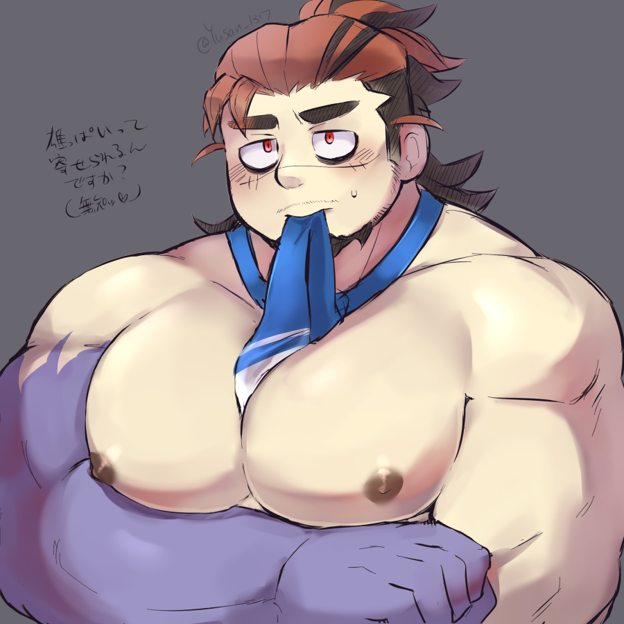 1boy bags_under_eyes bara between_pectorals blush boogeyman_(housamo) brown_hair facial_hair goatee hiramushi_(yusan_137) large_pectorals male_focus mature_male mouth_hold multicolored_hair muscular muscular_male necktie necktie_between_pectorals necktie_in_mouth nipples nude pectoral_lift pectorals red_eyes sanpaku solo thick_eyebrows tokyo_afterschool_summoners translation_request two-tone_hair upper_body