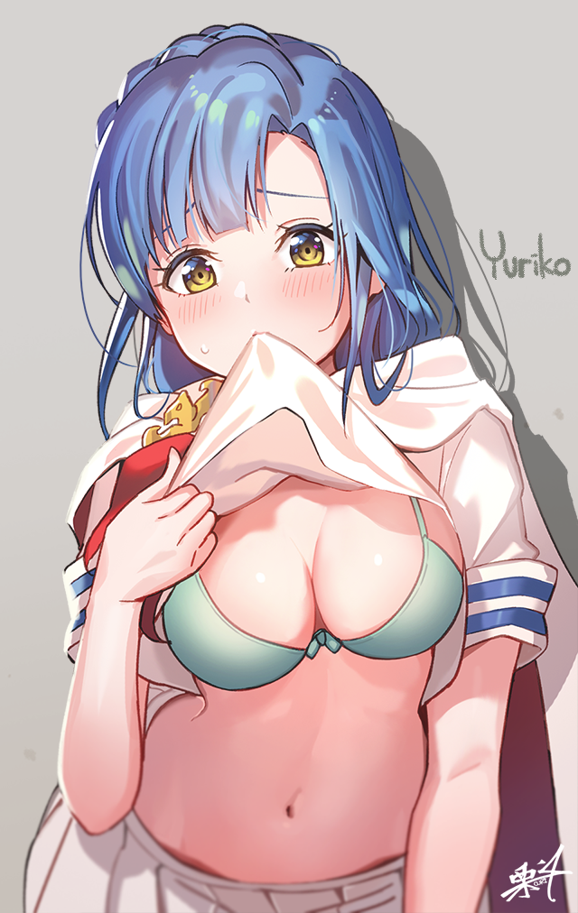 1girl aqua_bra bangs blue_hair blurry blush bra braid breasts cape character_name cleavage commentary_request depth_of_field front-tie_bra grey_background hand_up head_tilt idolmaster idolmaster_million_live! kuri_choko large_breasts leaning_forward long_hair looking_at_viewer miniskirt mouth_hold nanao_yuriko navel parted_bangs pleated_skirt red_neckwear revision shadow shirt shirt_lift short_sleeves sidelocks signature skirt solo stomach sweat underwear white_cape white_shirt white_skirt yellow_eyes