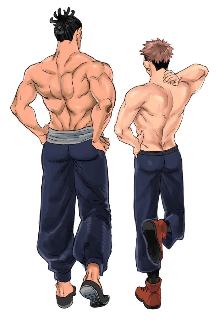 2boys ass back back_focus bara black_hair couple facing_away from_behind full_body itadori_yuuji jujutsu_kaisen male_focus multiple_boys muscular muscular_male pants scar scar_across_eye short_hair sideburns toned toned_male topless_male toudou_aoi_(jujutsu_kaisen) undercut wa_(chichi_chichin) walking yaoi