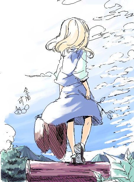 blonde_hair blue_dress blue_sky cloud day dress from_behind full_body hand_on_hip holding log long_hair moriya_suwako oekaki outdoors path puffy_short_sleeves puffy_sleeves road sakuraba_yuuki shoe_soles shoes short_sleeves sky solo standing touhou