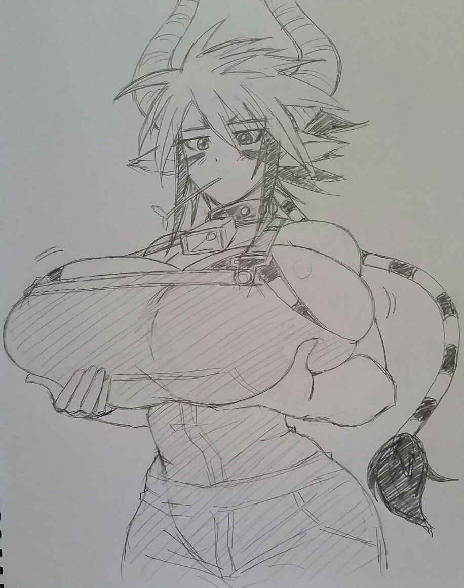 animal_humanoid big_breasts blush blush_lines bottomwear bovid bovid_humanoid bovine bovine_humanoid breasts cathyl_(monster_musume) cattle_humanoid clothing cowbell female holding_breast horn horned_humanoid huge_breasts humanoid looking_at_breasts looking_down mammal mammal_humanoid matsu-sensei monster_girl_(genre) monster_musume motion_lines pants solo standing tail traditional_media_(artwork) wide_hips