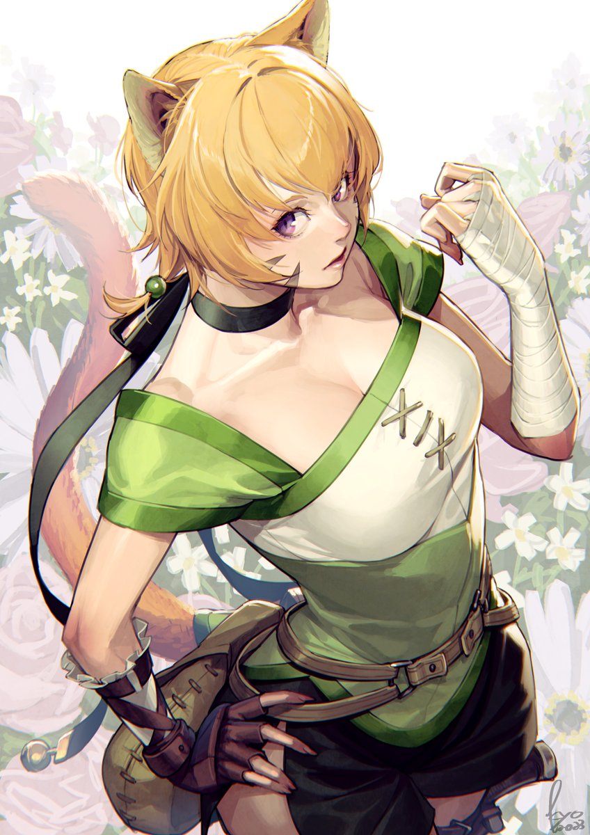 1girl animal_ears bag bandages cat_ears cat_girl cat_tail collar commentary_request facepaint fingerless_gloves fire_emblem fire_emblem:_path_of_radiance fire_emblem:_radiant_dawn gloves hand_on_own_hip highres kyo_(kuroichigo) lethe_(fire_emblem) looking_at_viewer orange_hair pale_skin purple_eyes solo tail