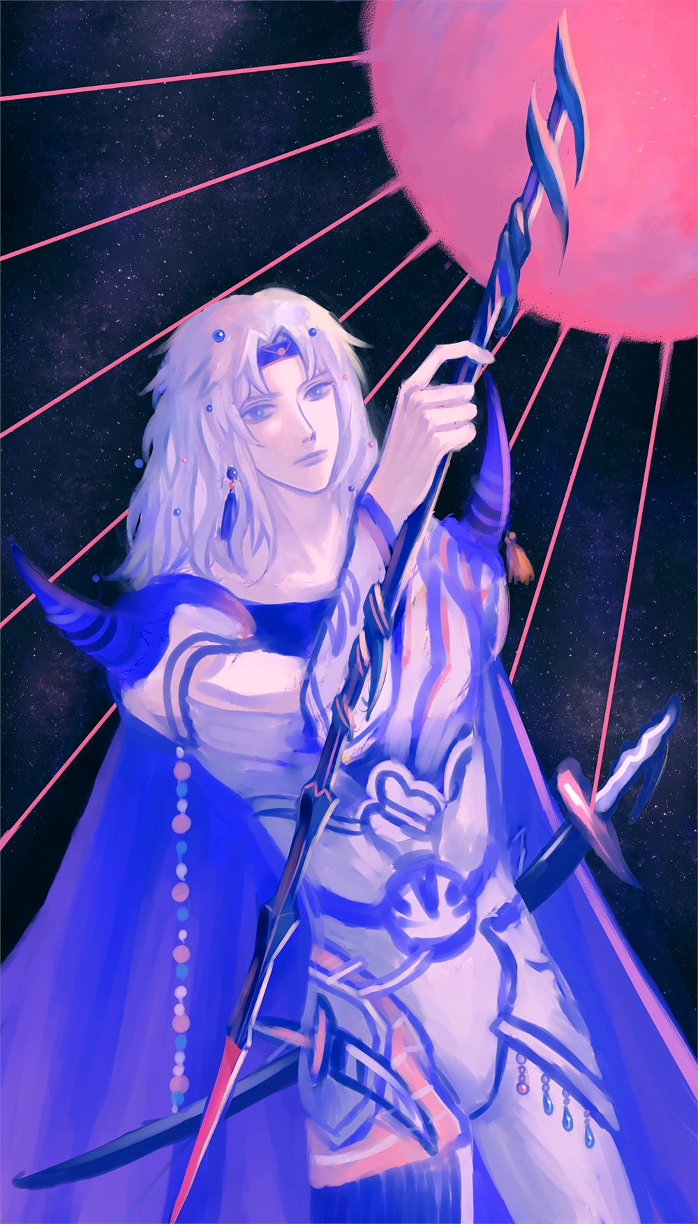 1boy armor beads black_background blue_cape blue_eyes blue_headband cape cecil_harvey dangle_earrings earrings expressionless faniod final_fantasy final_fantasy_iv hair_beads hair_ornament hand_up headband highres holding holding_polearm holding_weapon jewelry light_rays limited_palette long_hair looking_at_viewer male_focus polearm scabbard sheath shoulder_armor shoulder_spikes solo spikes sun sunbeam sunlight sword tassel tassel_earrings upper_body weapon white_hair