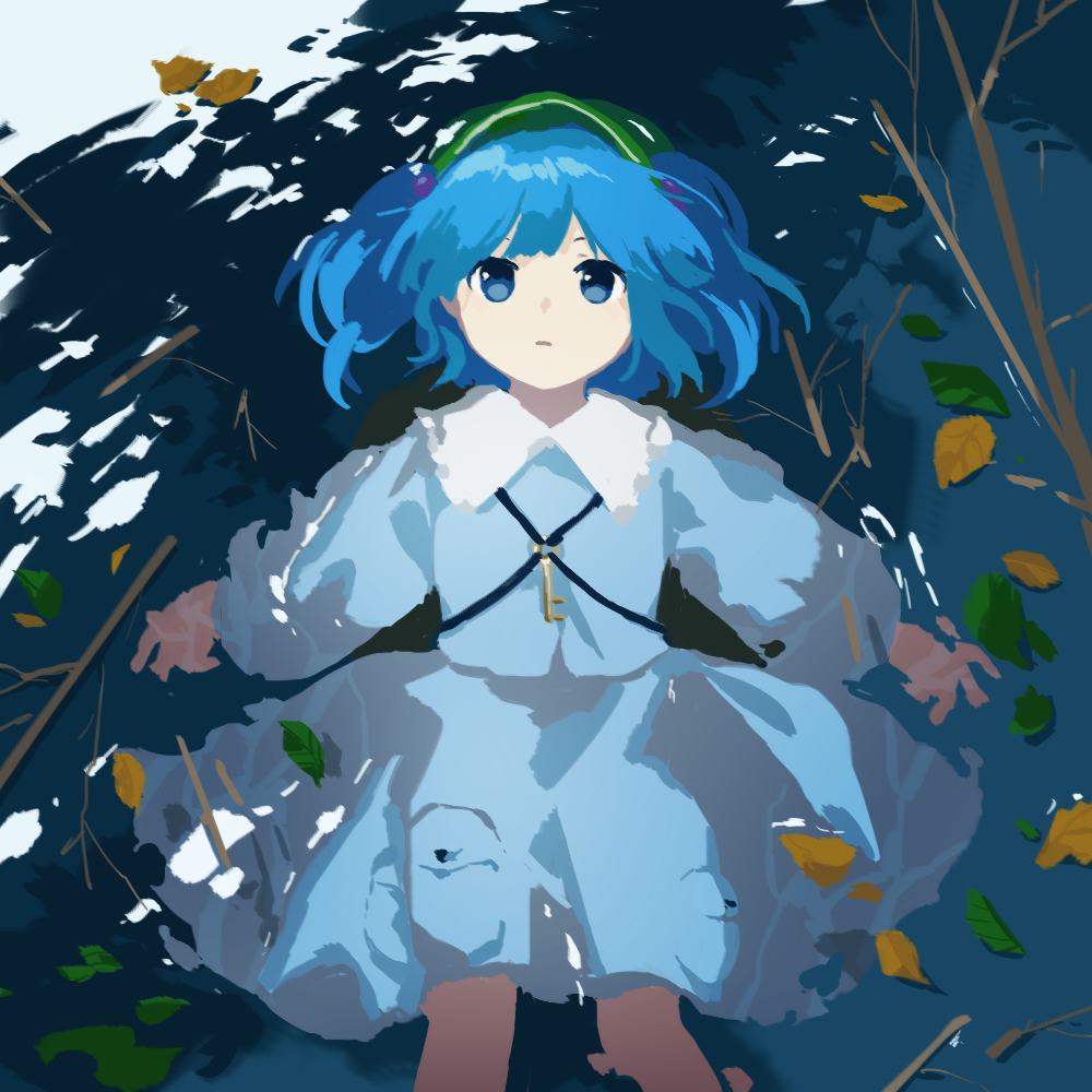 1girl blue_eyes blue_hair blue_shirt blue_skirt collared_shirt commentary_request flat_chest green_headwear hat jewelry kaigen_1025 kawashiro_nitori key key_necklace leaf long_sleeves lying necklace on_back parted_lips pocket shirt short_twintails skirt touhou twig twintails water