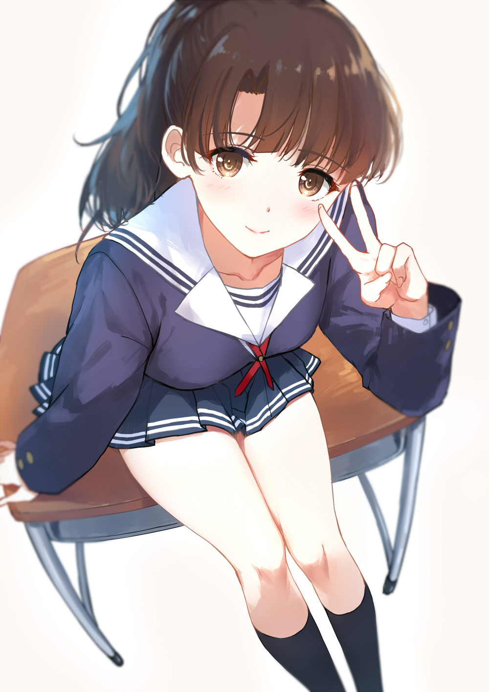 1girl black_socks blue_shirt blue_skirt blunt_bangs blush breasts brown_eyes brown_hair caidychen closed_mouth collarbone commentary_request desk feet_out_of_frame from_above hand_up highres katou_megumi long_sleeves looking_at_viewer medium_breasts miniskirt on_desk parted_bangs pleated_skirt ponytail saenai_heroine_no_sodatekata sailor_collar school_desk school_uniform shirt simple_background sitting sitting_on_desk skirt smile socks thighs v v_over_eye white_background white_sailor_collar