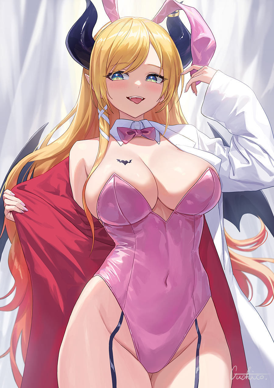 1girl alternate_costume animal_ears bat_tattoo black_horns blonde_hair blue_eyes bow bowtie breast_tattoo breasts cleavage covered_navel demon_girl demon_horns demon_wings detached_collar fake_animal_ears garter_straps guchico highleg highleg_leotard highres hololive horns lab_coat large_breasts leotard long_hair looking_at_viewer open_clothes pink_leotard playboy_bunny pointy_ears rabbit_ears signature smile solo tattoo tongue tongue_out virtual_youtuber wings yuzuki_choco
