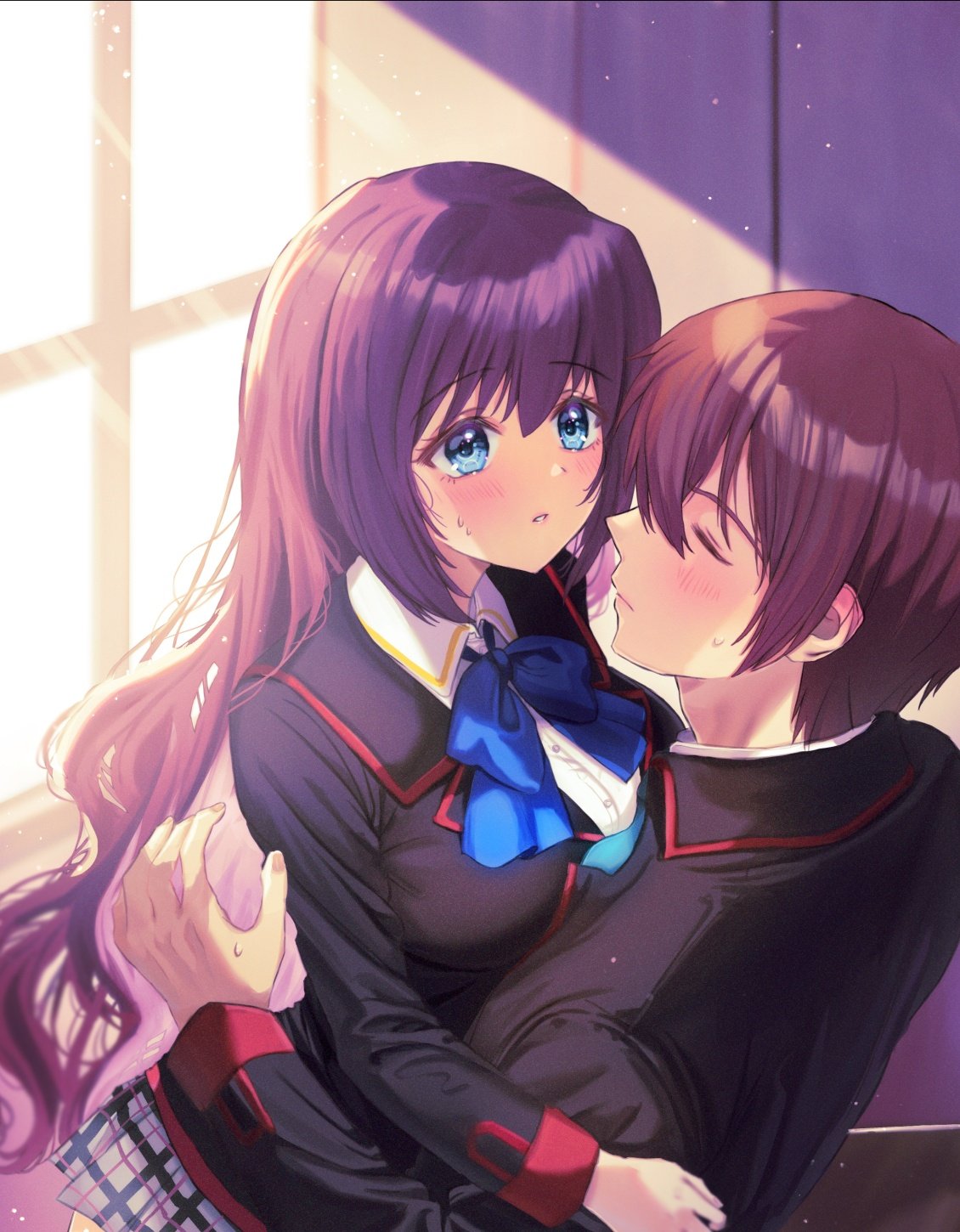 1boy 1girl a-chan_senpai artist_name backlighting black_jacket blazer blue_bow blue_eyes blush bow breasts brown_hair closed_eyes collared_shirt commentary day facing_another feigning_sleep from_side hetero highres hug indoors jacket large_breasts light_particles light_rays little_busters! little_busters!_school_uniform long_hair long_sleeves looking_at_another miiizuno_lbs natsume_kyousuke parted_lips profile purple_hair school_uniform shirt short_hair shy sunbeam sunlight sweatdrop upper_body very_long_hair wavy_hair white_shirt window