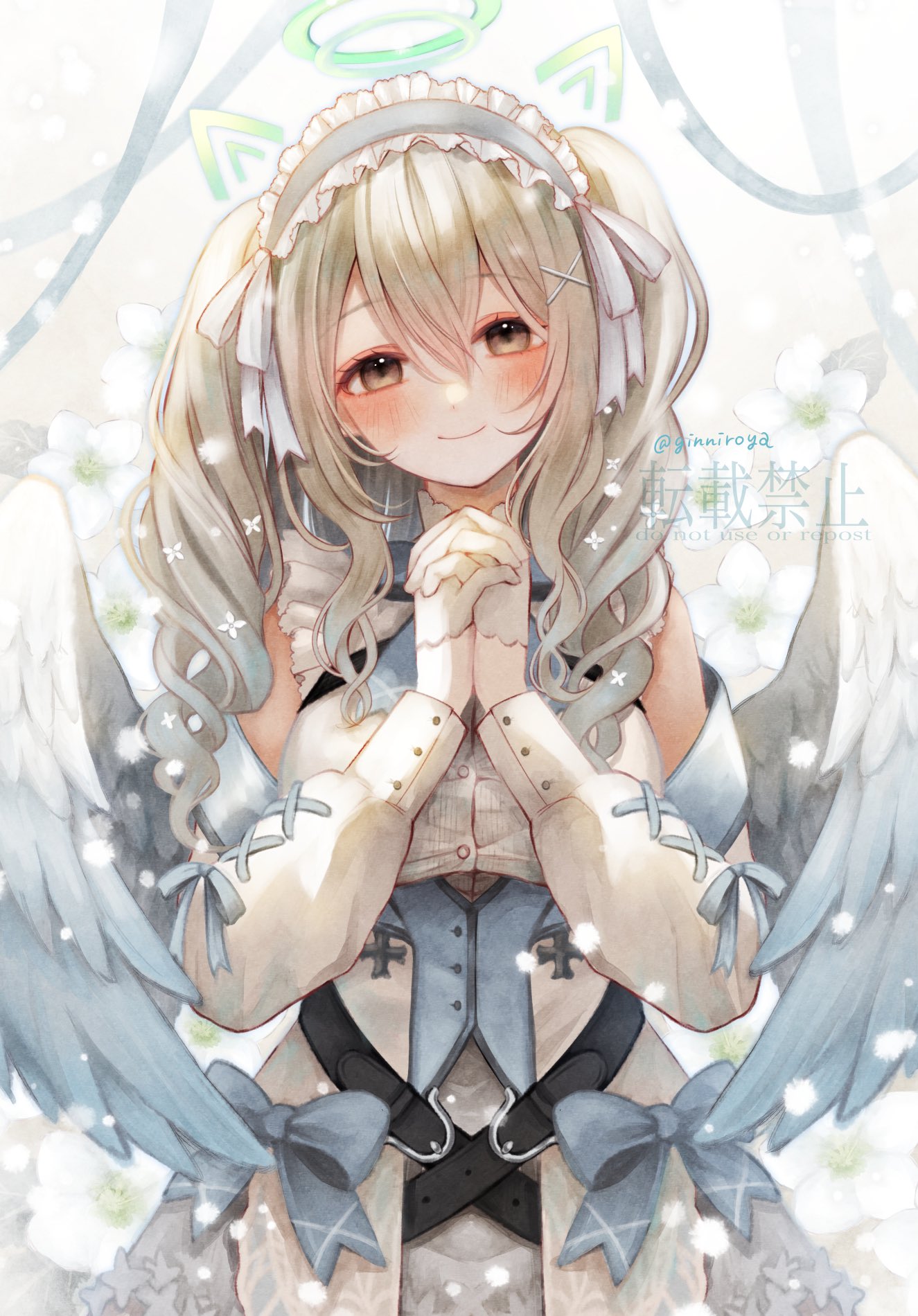 1girl angel belt black_belt blonde_hair blue_bow blue_wings blush bow brown_eyes commission detached_sleeves dress feathered_wings ginniroya gradient_wings hair_between_eyes hair_ornament halo highres multicolored_wings nanase_eru own_hands_together skeb_commission smile solo two_side_up varium virtual_youtuber white_dress white_wings wings x_hair_ornament
