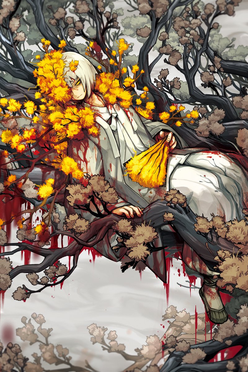 1girl bleeding blood blood_on_clothes blood_on_face blood_on_hands bob_cut branch coat dongbaek_(project_moon) e.g.o_(project_moon) flaw_eight flower hanbok hand_fan highres holding holding_fan in_tree korean_clothes leaf limbus_company one_eye_covered overcoat petals project_moon sandals sitting sitting_in_tree solo tree white_hair white_hanbok yellow_eyes