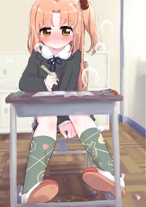 1girl ajoea between_legs black_shirt blue_ribbon blush brown_eyes chair classroom closed_eyes commentary_request commission desk full_body green_socks hair_bobbles hair_ornament hand_between_legs holding holding_pen indoors kneehighs long_sleeves neck_ribbon nose_blush one_side_up orange_hair paid_reward_available pee peeing peeing_self pen ribbon school_chair school_desk shirt shoes shuukan_watashi_no_onii-chan sitting skeb_commission socks solo tears trembling ujikintoki_sonome wavy_mouth