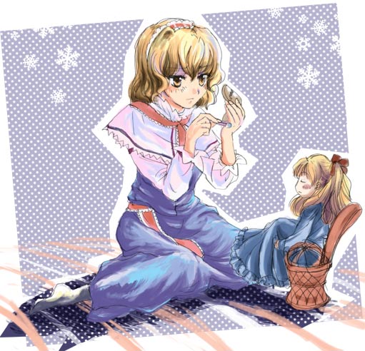 alice_margatroid artist_request blonde_hair blue_dress blush capelet closed_eyes concentrating doll dress eyeshadow frills full_body hairband long_hair long_sleeves makeup mirror multiple_girls necktie needle red_neckwear shanghai_doll short_hair sitting size_difference touhou wariza yellow_eyes