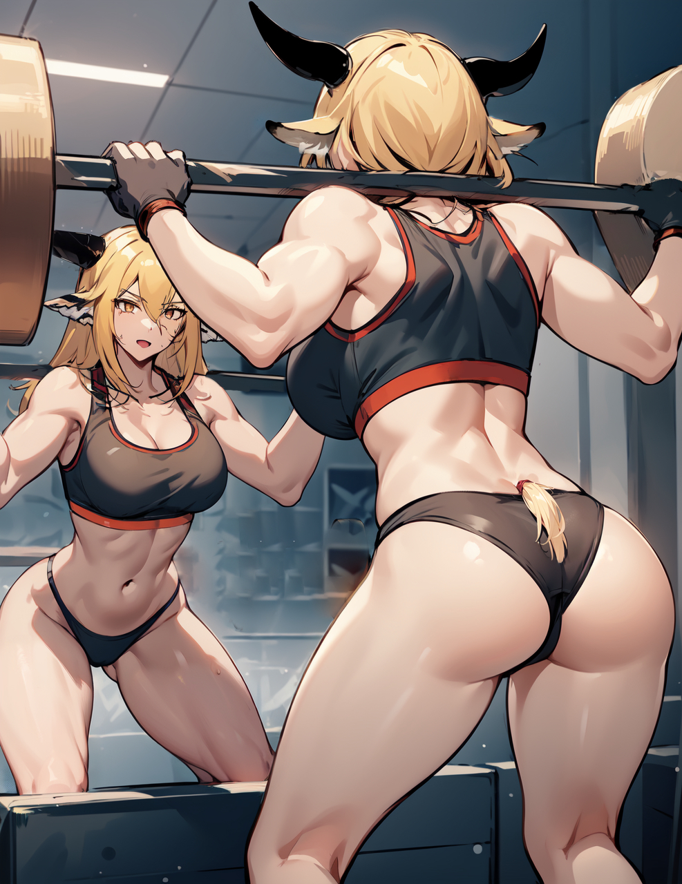 1girl abs ai-generated animal_ears arknights ass ass_visible_through_thighs blonde_hair breasts brown_horns cleavage degenbrecher_(arknights) exercise gloves goat_ears goat_girl goat_horns goat_tail hair_between_eyes highres horns kneepits large_breasts looking_at_mirror midriff mirror muscular muscular_female short_hair solo sweatdrop thick_thighs thighs twilled_wave weightlifting yellow_eyes